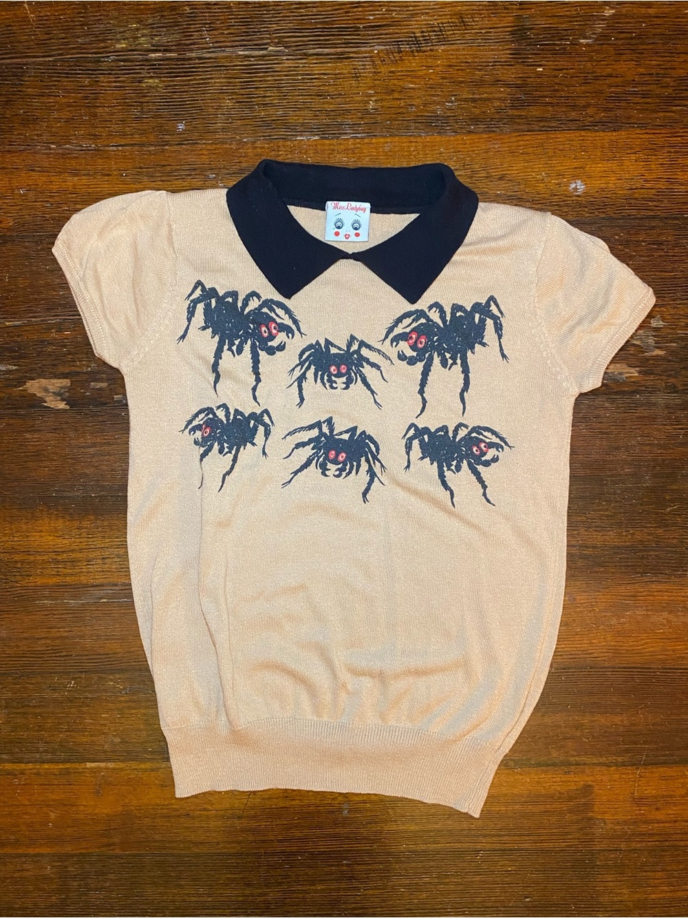 EUC Vintage-Inspired Retro Short-Sleeve Collared Blouse w/ Spider Graphic